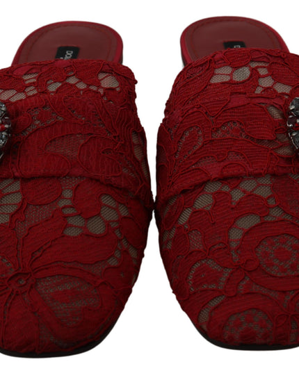 Dolce & Gabbana Red Lace Crystal Slide On Flats Shoes