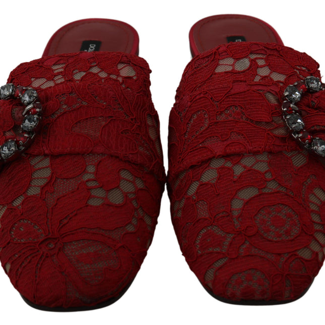Dolce & Gabbana Red Lace Crystal Slide On Flats Shoes