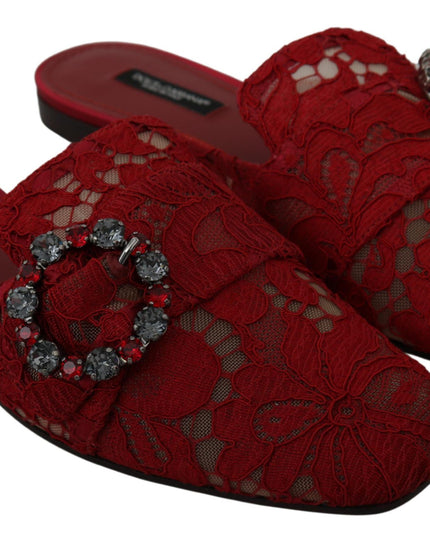 Dolce & Gabbana Red Lace Crystal Slide On Flats Shoes