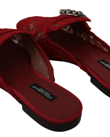 Dolce & Gabbana Red Lace Crystal Slide On Flats Shoes