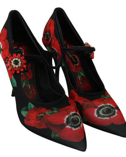 Dolce & Gabbana Black Red Floral Mary Janes Pumps Shoes