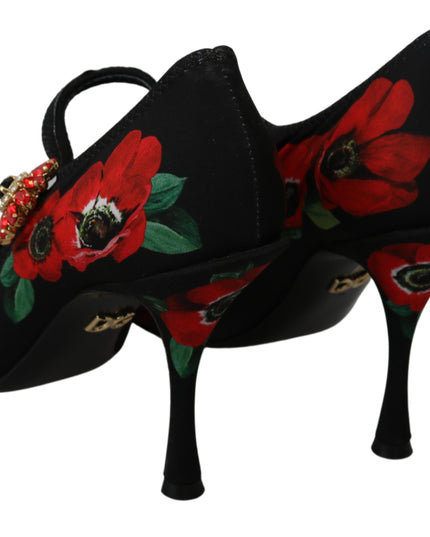 Dolce & Gabbana Black Red Floral Mary Janes Pumps Shoes