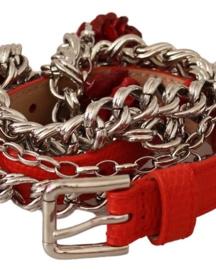 Dolce & Gabbana Red Leather Roses Floral Silver Waist Belt