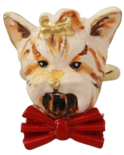 Dolce & Gabbana Gold Brass Resin Beige Dog Pet Branded Accessory Ring