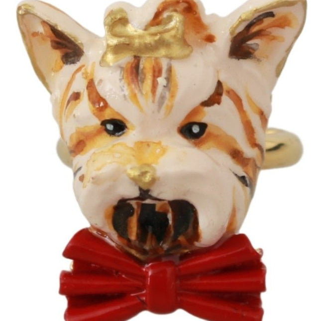 Dolce & Gabbana Gold Brass Resin Beige Dog Pet Branded Accessory Ring