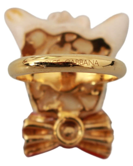 Dolce & Gabbana Gold Brass Resin Beige Dog Pet Branded Accessory Ring
