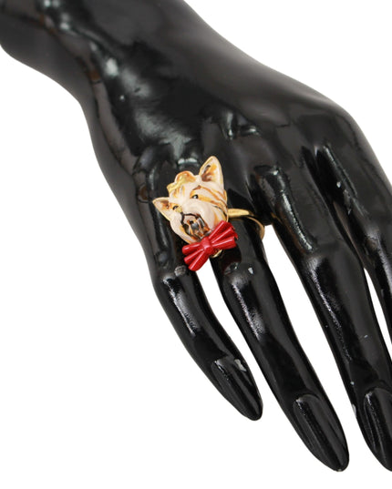 Dolce & Gabbana Gold Brass Resin Beige Dog Pet Branded Accessory Ring