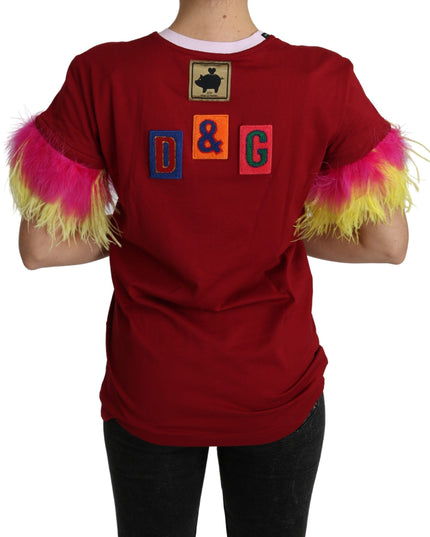 Dolce & Gabbana Red Pig Print Feather Sleeves T-shirt Top