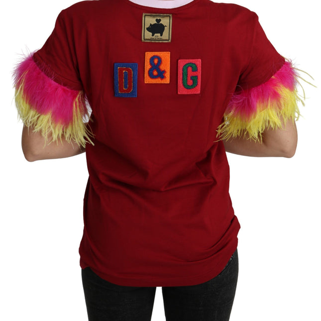 Dolce & Gabbana Red Pig Print Feather Sleeves T-shirt Top