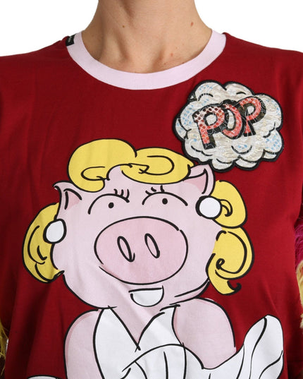 Dolce & Gabbana Red Pig Print Feather Sleeves T-shirt Top