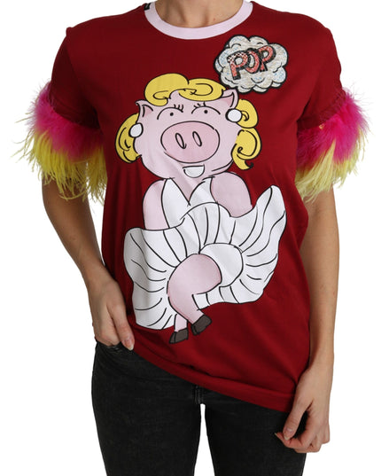 Dolce & Gabbana Red Pig Print Feather Sleeves T-shirt Top
