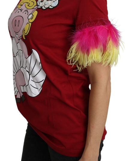 Dolce & Gabbana Red Pig Print Feather Sleeves T-shirt Top