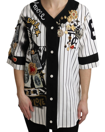 Dolce & Gabbana White and black Blouse Cotton Crystal Charms Amore Shirt