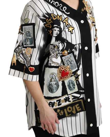 Dolce & Gabbana White and black Blouse Cotton Crystal Charms Amore Shirt