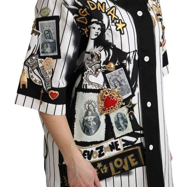 Dolce & Gabbana White and black Blouse Cotton Crystal Charms Amore Shirt