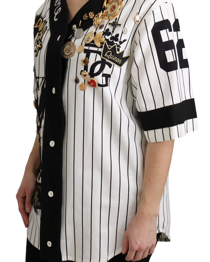 Dolce & Gabbana White and black Blouse Cotton Crystal Charms Amore Shirt