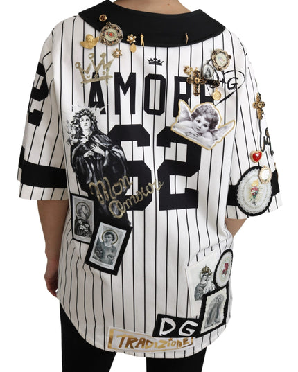 Dolce & Gabbana White and black Blouse Cotton Crystal Charms Amore Shirt