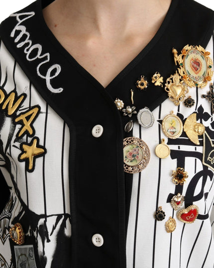 Dolce & Gabbana White and black Blouse Cotton Crystal Charms Amore Shirt