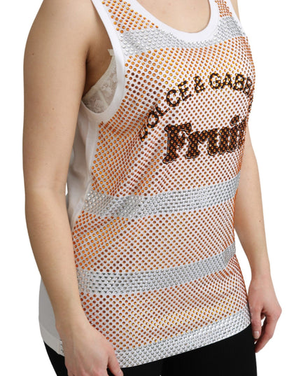 Dolce & Gabbana White Orange Crystal Sleeveless Tank Cotton Top