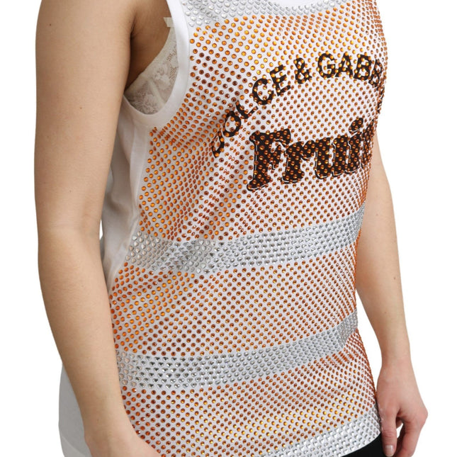 Dolce & Gabbana White Orange Crystal Sleeveless Tank Cotton Top
