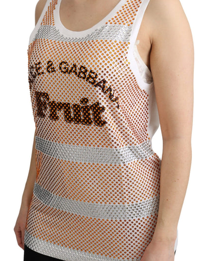 Dolce & Gabbana White Orange Crystal Sleeveless Tank Cotton Top