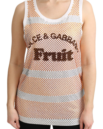Dolce & Gabbana White Orange Crystal Sleeveless Tank Cotton Top