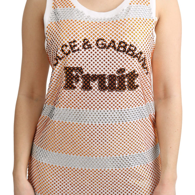 Dolce & Gabbana White Orange Crystal Sleeveless Tank Cotton Top