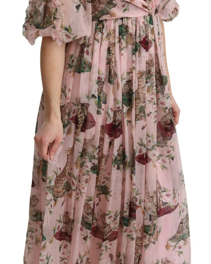 Dolce & Gabbana Pink Bengal Cat Print A-line Maxi Silk  Dress
