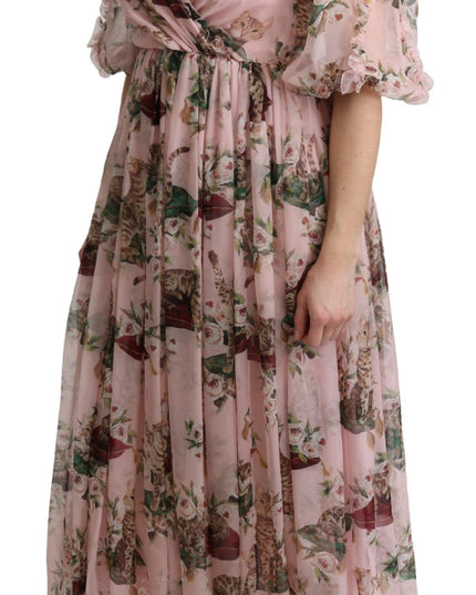 Dolce & Gabbana Pink Bengal Cat Print A-line Maxi Silk  Dress