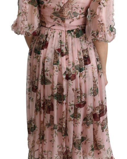 Dolce & Gabbana Pink Bengal Cat Print A-line Maxi Silk  Dress