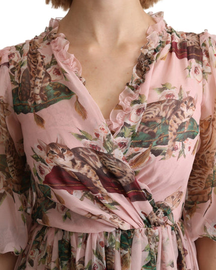 Dolce & Gabbana Pink Bengal Cat Print A-line Maxi Silk  Dress