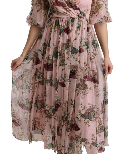 Dolce & Gabbana Pink Bengal Cat Print A-line Maxi Silk  Dress