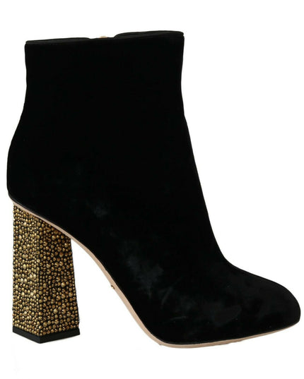 Dolce & Gabbana Black Velvet Crystal Square Heels Shoes