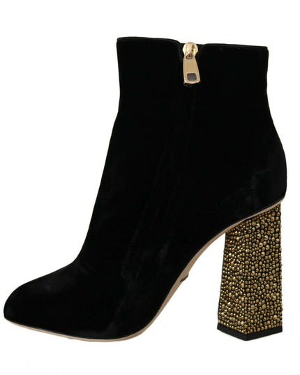 Dolce & Gabbana Black Velvet Crystal Square Heels Shoes