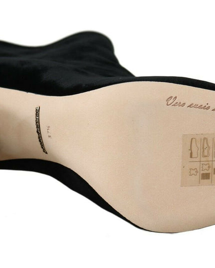 Dolce & Gabbana Black Velvet Crystal Square Heels Shoes