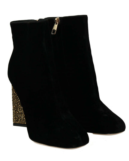 Dolce & Gabbana Black Velvet Crystal Square Heels Shoes