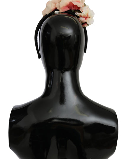 Dolce & Gabbana Pink Silk Black Floral Headband Logo Diadem