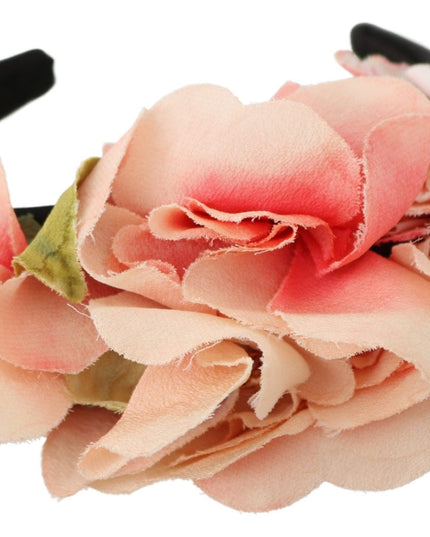 Dolce & Gabbana Pink Silk Black Floral Headband Logo Diadem
