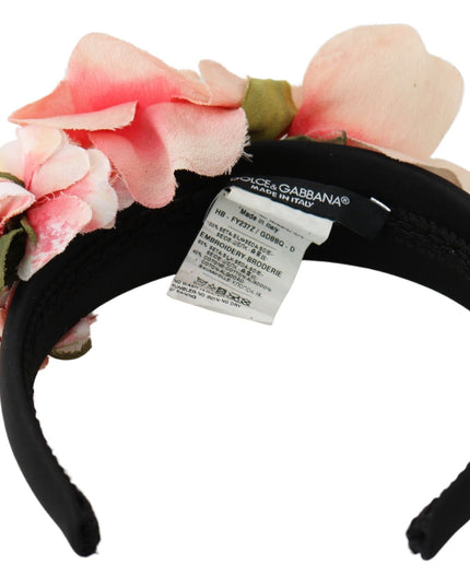 Dolce & Gabbana Pink Silk Black Floral Headband Logo Diadem