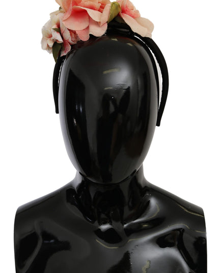 Dolce & Gabbana Pink Silk Black Floral Headband Logo Diadem