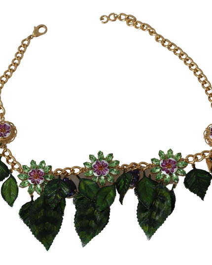 Dolce & Gabbana Green Leaves Gold Brass Crystal Flower Pendant Necklace