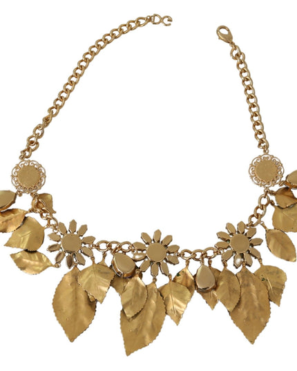 Dolce & Gabbana Green Leaves Gold Brass Crystal Flower Pendant Necklace
