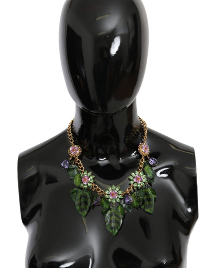 Dolce & Gabbana Green Leaves Gold Brass Crystal Flower Pendant Necklace