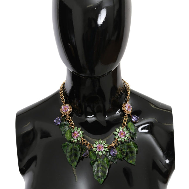 Dolce & Gabbana Green Leaves Gold Brass Crystal Flower Pendant Necklace