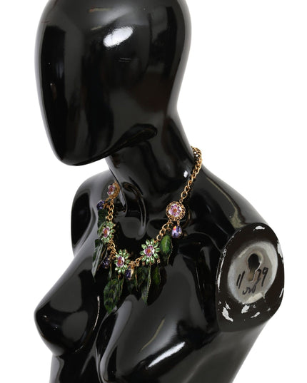 Dolce & Gabbana Green Leaves Gold Brass Crystal Flower Pendant Necklace