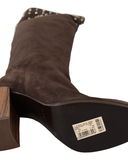 Dolce & Gabbana Brown Suede Studded Knee High Shoes Boots