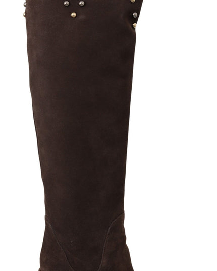 Dolce & Gabbana Brown Suede Studded Knee High Shoes Boots