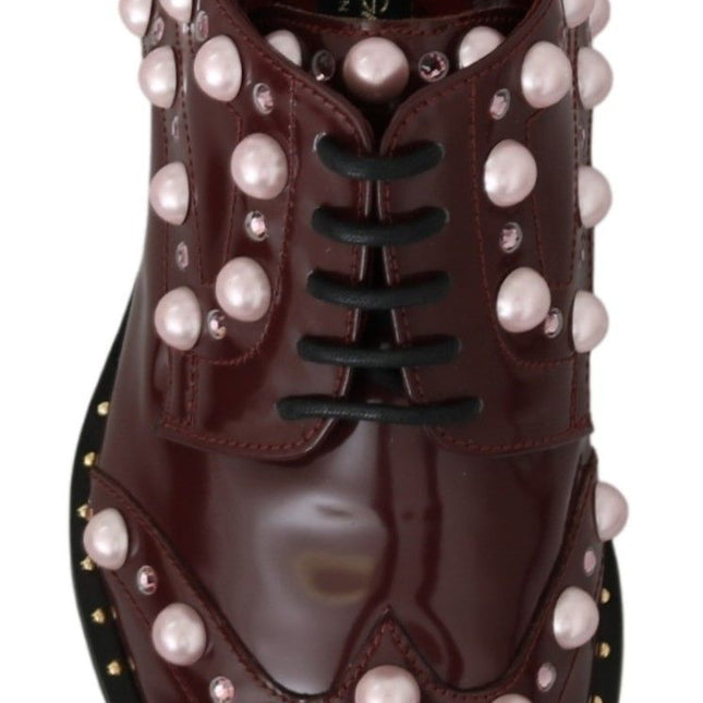 Dolce & Gabbana Bordeaux Leather Crystal Pearls Formal Shoes