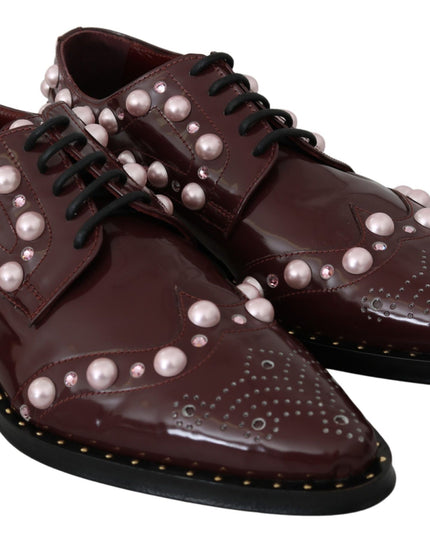 Dolce & Gabbana Bordeaux Leather Crystal Pearls Formal Shoes
