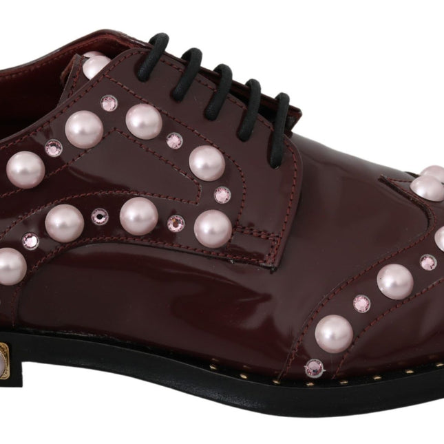 Dolce & Gabbana Bordeaux Leather Crystal Pearls Formal Shoes